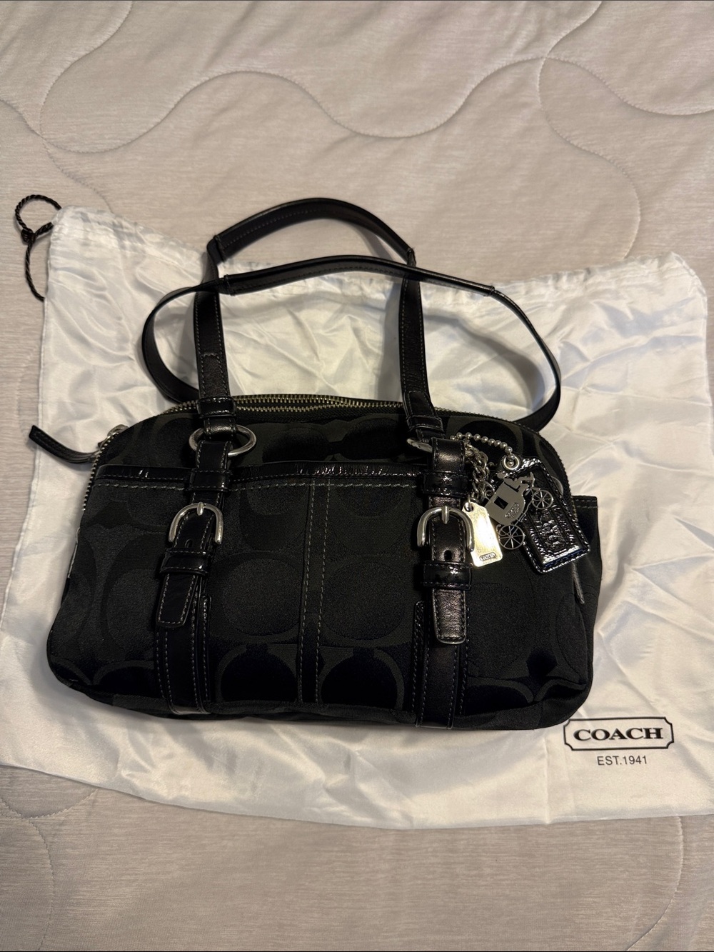 Coach Black Signature Jacquard Shoulder Bag with Charms - Picture 10 of 10
